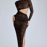 Oh Polly Ingrid Lace Long Sleeve Maxi Dress in Black