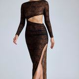 Oh Polly Ingrid Lace Long Sleeve Maxi Dress in Black