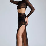 Oh Polly Ingrid Lace Long Sleeve Maxi Dress in Black