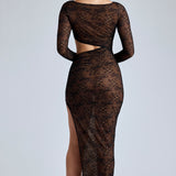 Oh Polly Ingrid Lace Long Sleeve Maxi Dress in Black