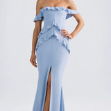 Oh Polly Hemera Off-Shoulder Ruffle-Trim Gown in Light Blue