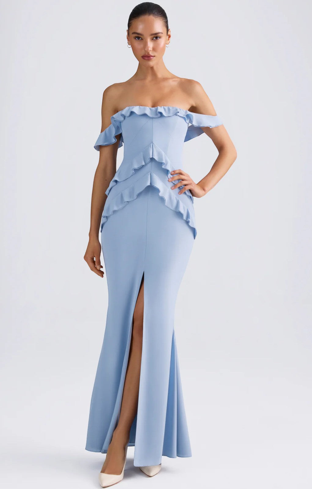 Oh Polly Hemera Off-Shoulder Ruffle-Trim Gown in Light Blue