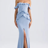 Oh Polly Hemera Off-Shoulder Ruffle-Trim Gown in Light Blue
