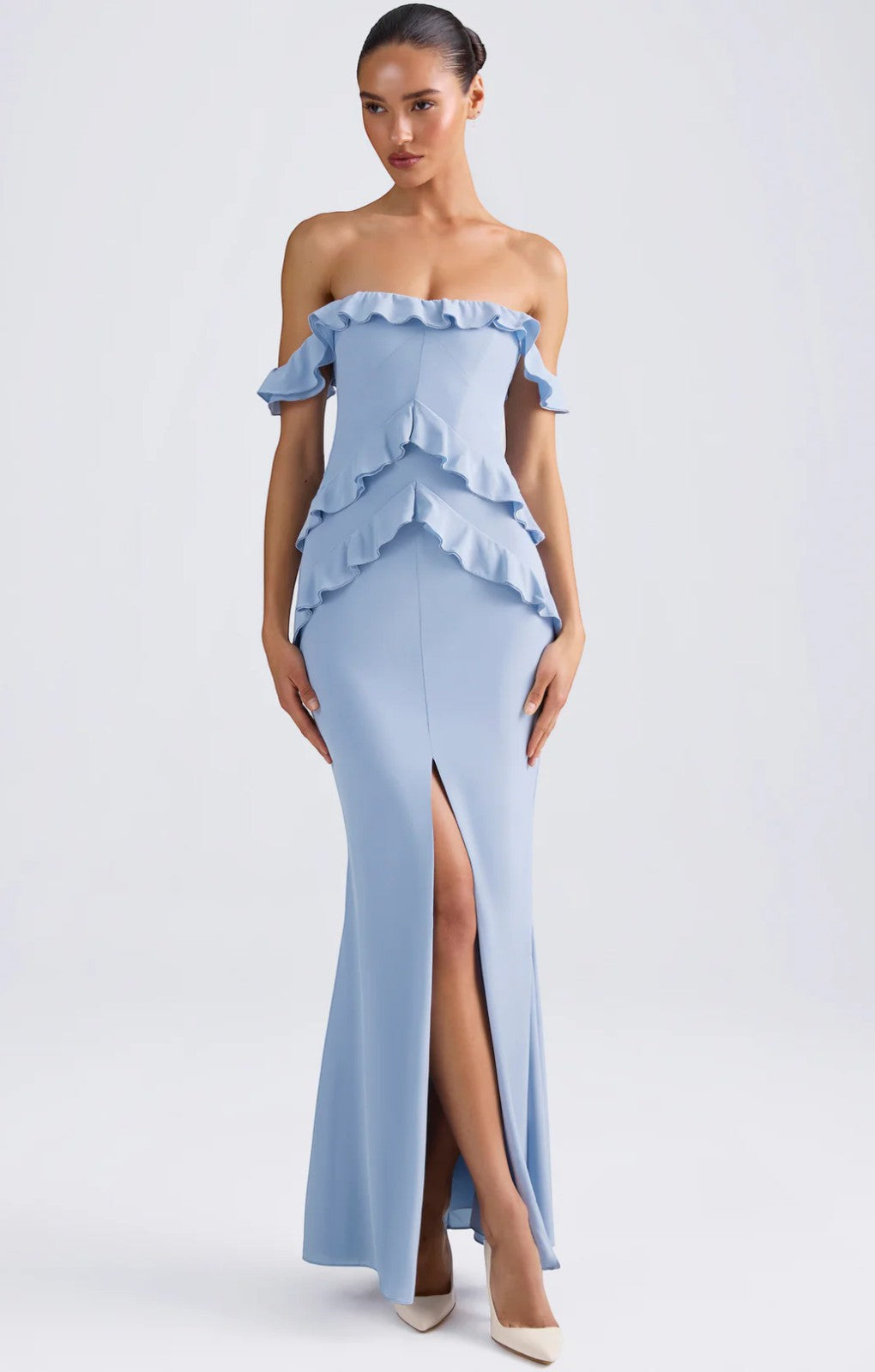 Oh Polly Hemera Off-Shoulder Ruffle-Trim Gown in Light Blue