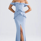 Oh Polly Hemera Off-Shoulder Ruffle-Trim Gown in Light Blue