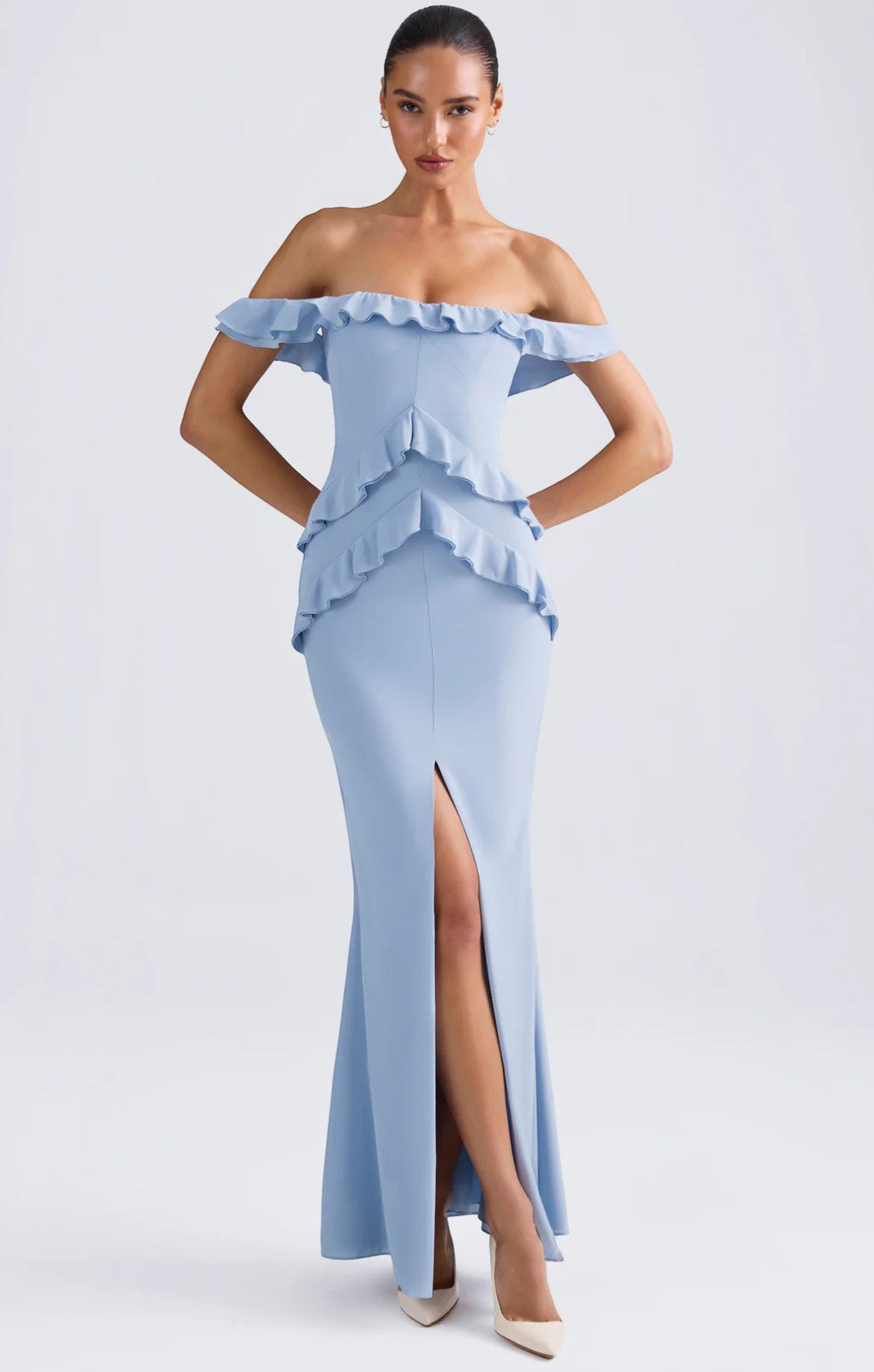 Oh Polly Hemera Off-Shoulder Ruffle-Trim Gown in Light Blue