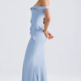 Oh Polly Hemera Off-Shoulder Ruffle-Trim Gown in Light Blue