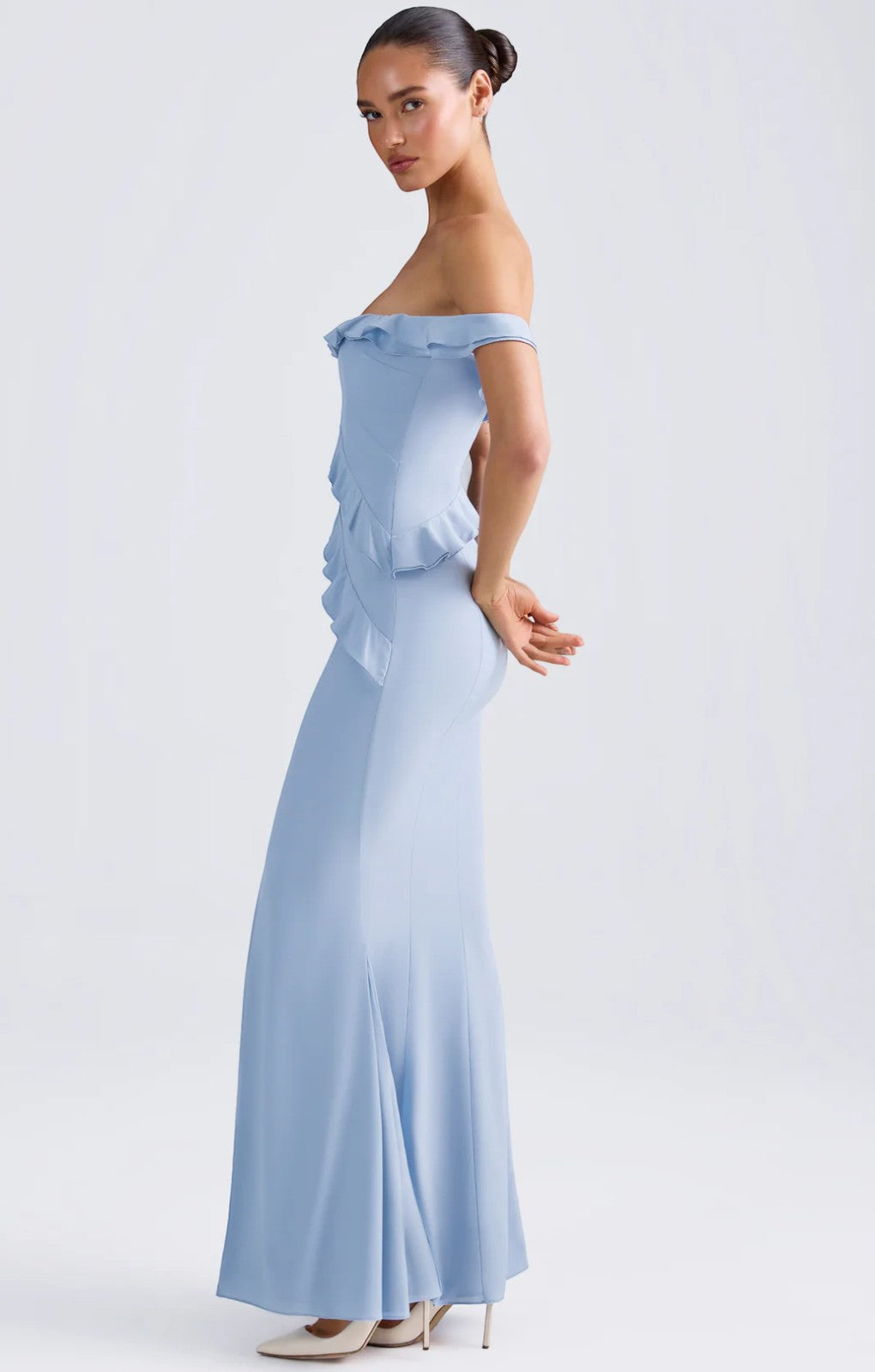 Oh Polly Hemera Off-Shoulder Ruffle-Trim Gown in Light Blue