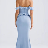 Oh Polly Hemera Off-Shoulder Ruffle-Trim Gown in Light Blue