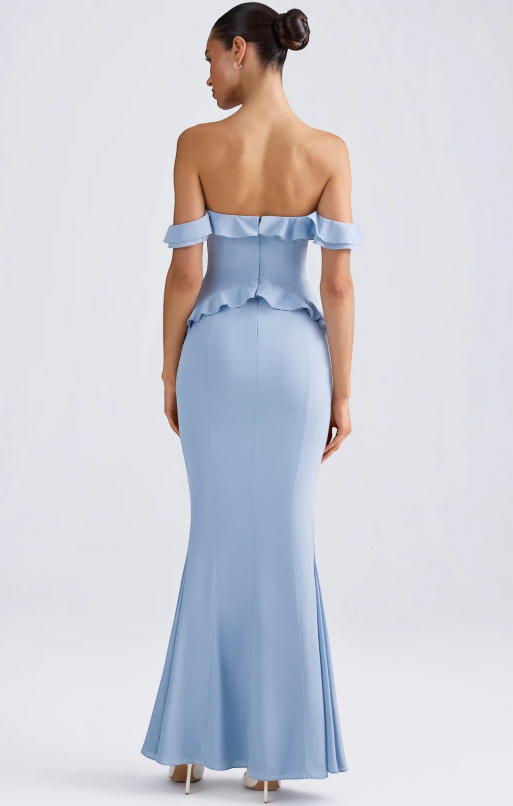Oh Polly Hemera Off-Shoulder Ruffle-Trim Gown in Light Blue