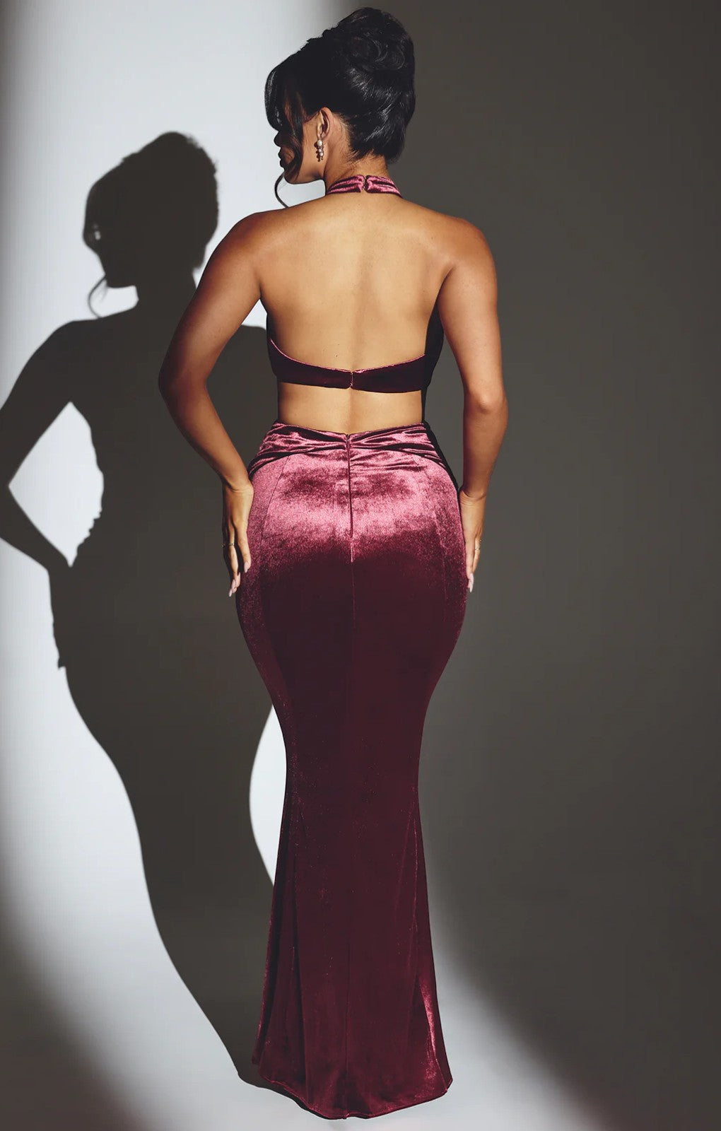 EXHIRE Oh Polly Adriana Velvet Halter Neck Maxi Dress in Wine UK 8 – dresses by Oh Polly, available to rent from Hirestreet