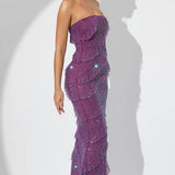 Oh Polly Dulce Embellished Strapless Ruffle Maxi Dress in Plum