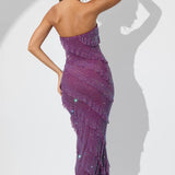 Oh Polly Dulce Embellished Strapless Ruffle Maxi Dress in Plum
