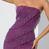 Oh Polly Dulce Embellished Strapless Ruffle Maxi Dress in Plum