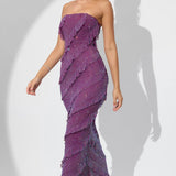 Oh Polly Dulce Embellished Strapless Ruffle Maxi Dress in Plum
