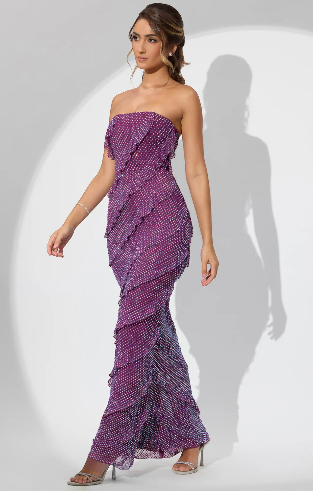 Oh Polly Dulce Embellished Strapless Ruffle Maxi Dress in Plum