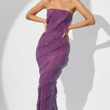 Oh Polly Dulce Embellished Strapless Ruffle Maxi Dress in Plum