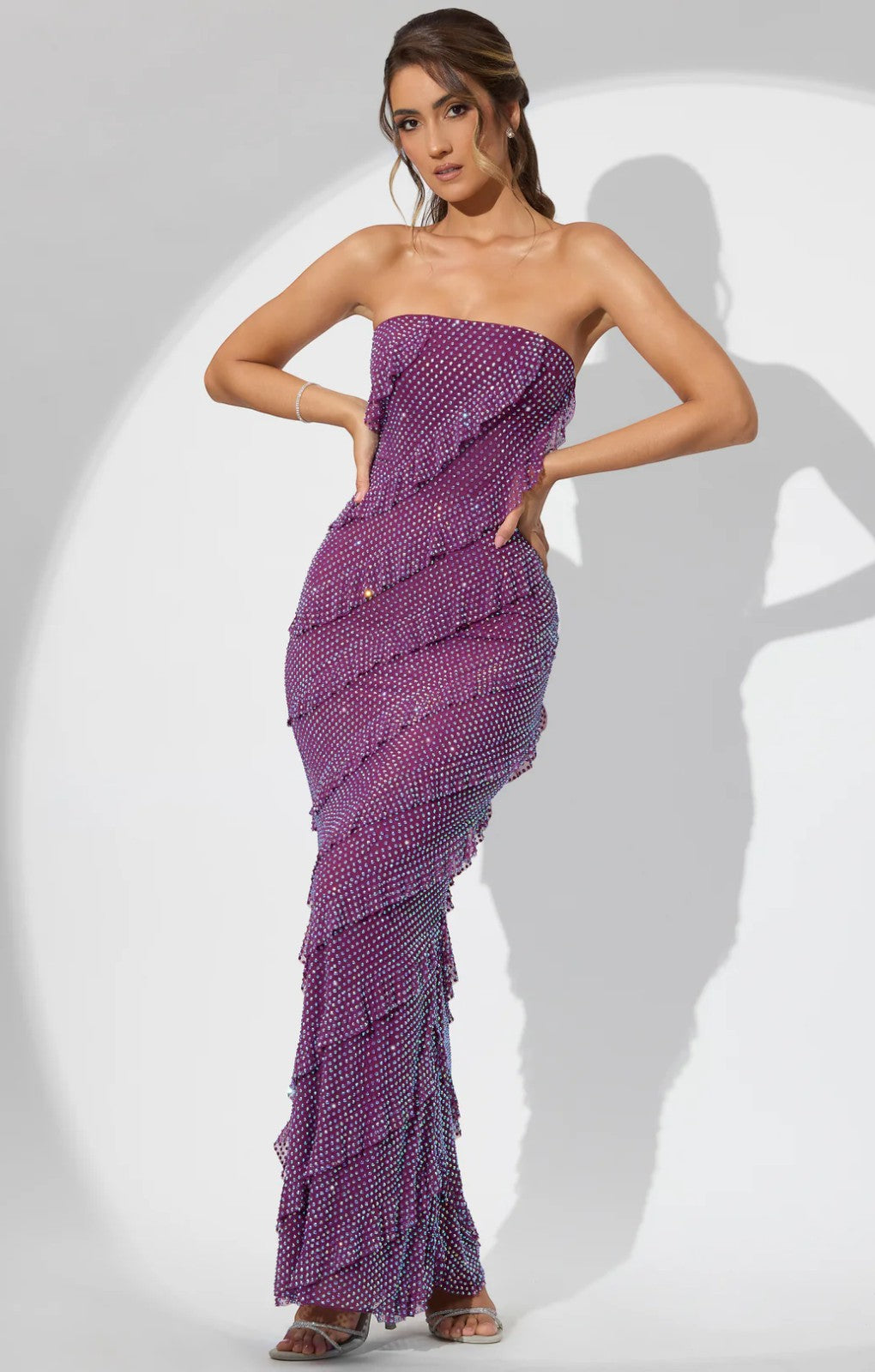 Oh Polly Dulce Embellished Strapless Ruffle Maxi Dress in Plum