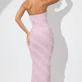 Oh Polly Dulce Embellished Strapless Ruffle Maxi Dress in Soft Pink