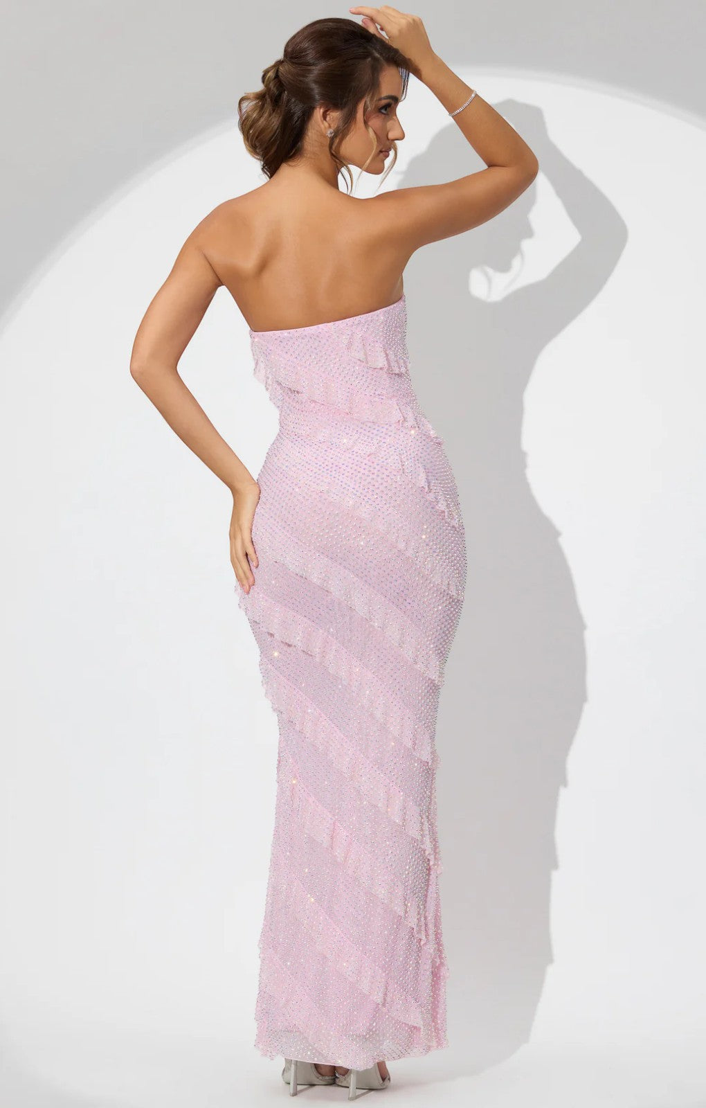 Oh Polly Dulce Embellished Strapless Ruffle Maxi Dress in Soft Pink