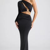 Oh Polly Estela Single Sleeve Cut Out Evening Gown in Black