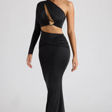Oh Polly Estela Single Sleeve Cut Out Evening Gown in Black