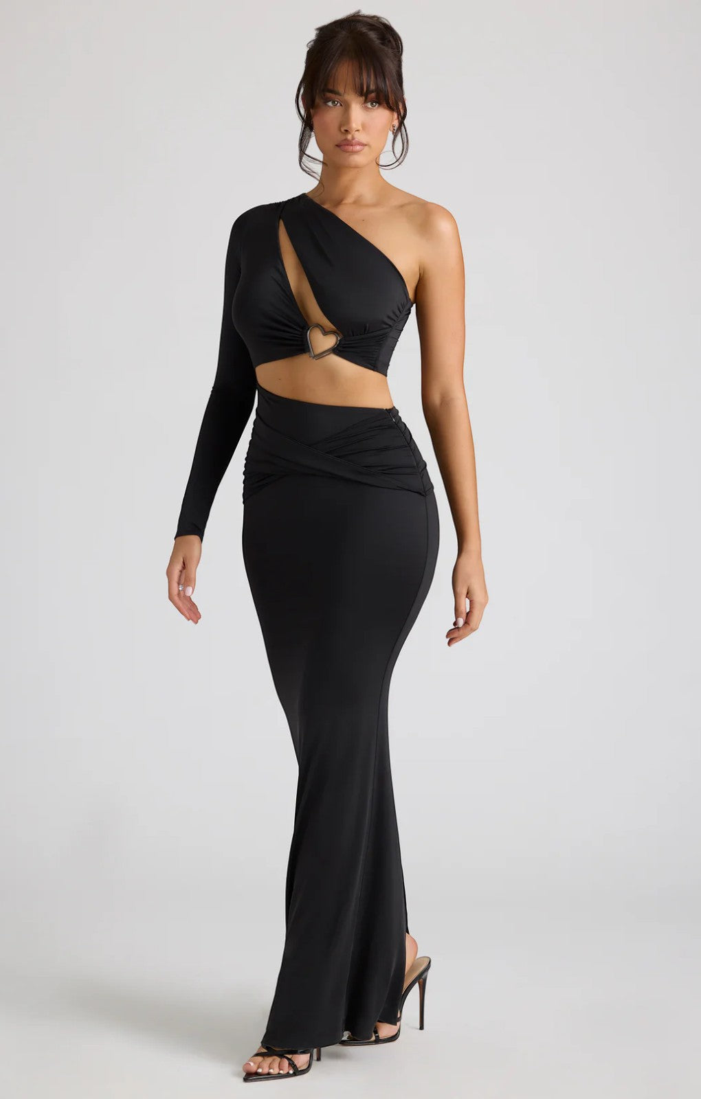 Oh Polly Estela Single Sleeve Cut Out Evening Gown in Black
