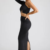 Oh Polly Estela Single Sleeve Cut Out Evening Gown in Black