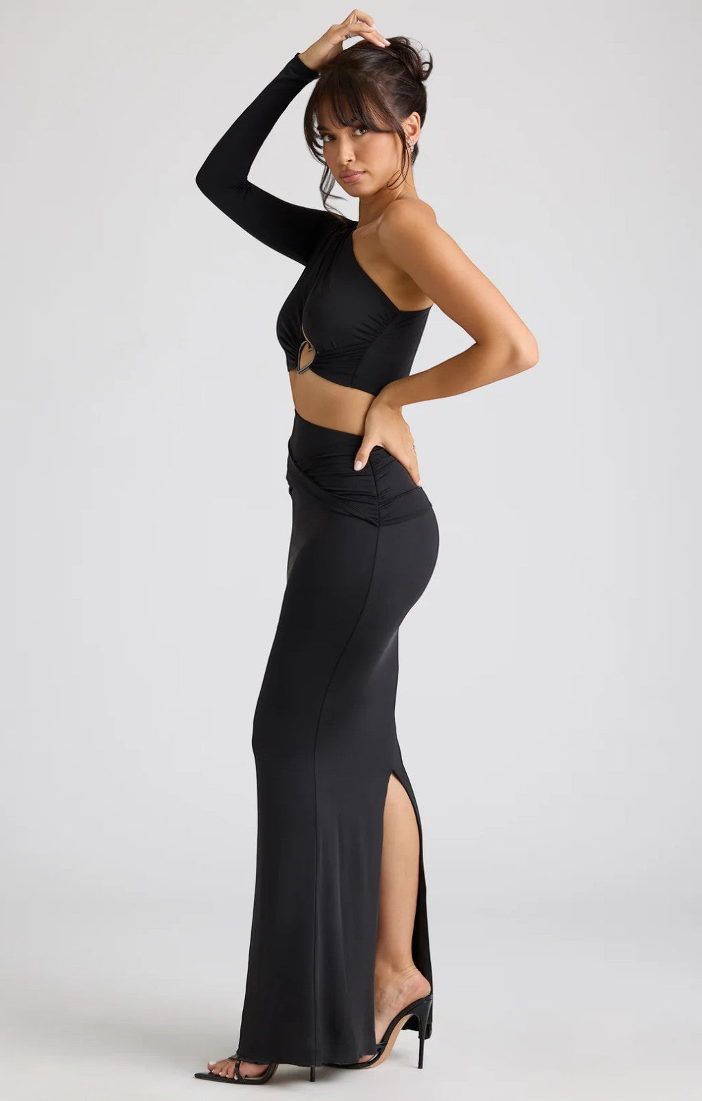 Oh Polly Estela Single Sleeve Cut Out Evening Gown in Black