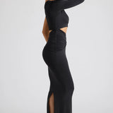 Oh Polly Estela Single Sleeve Cut Out Evening Gown in Black