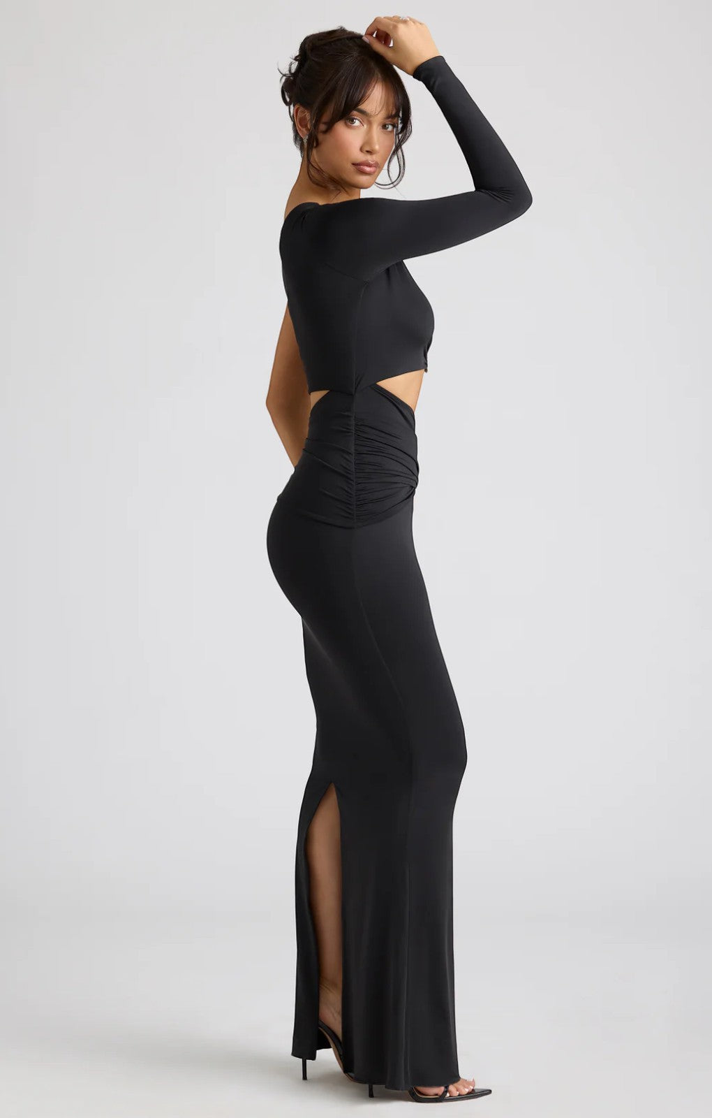 Oh Polly Estela Single Sleeve Cut Out Evening Gown in Black