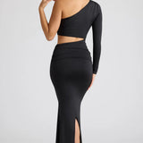 Oh Polly Estela Single Sleeve Cut Out Evening Gown in Black