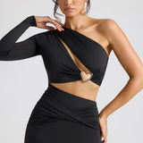 Oh Polly Estela Single Sleeve Cut Out Evening Gown in Black