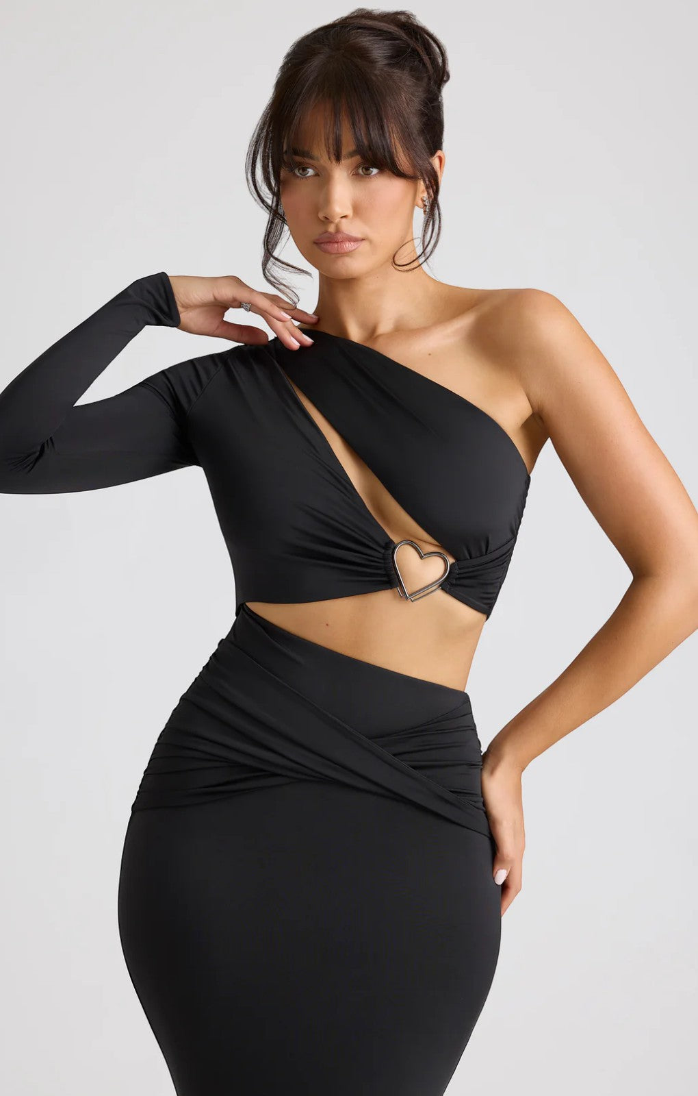 Oh Polly Estela Single Sleeve Cut Out Evening Gown in Black