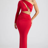 Oh Polly Estela Single Sleeve Cut Out Evening Gown in Fire Red