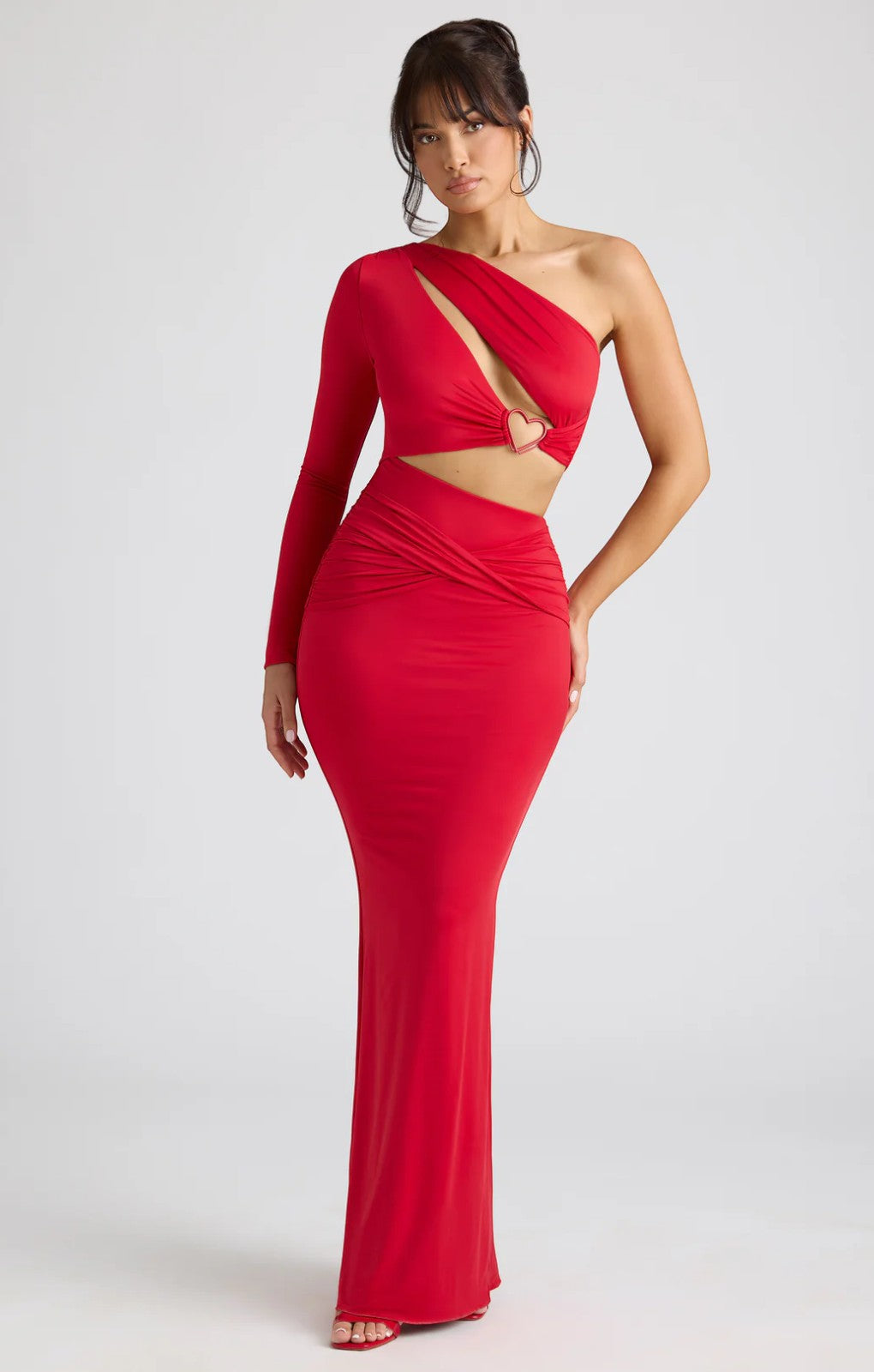 Oh Polly Estela Single Sleeve Cut Out Evening Gown in Fire Red