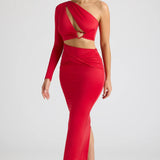 Oh Polly Estela Single Sleeve Cut Out Evening Gown in Fire Red