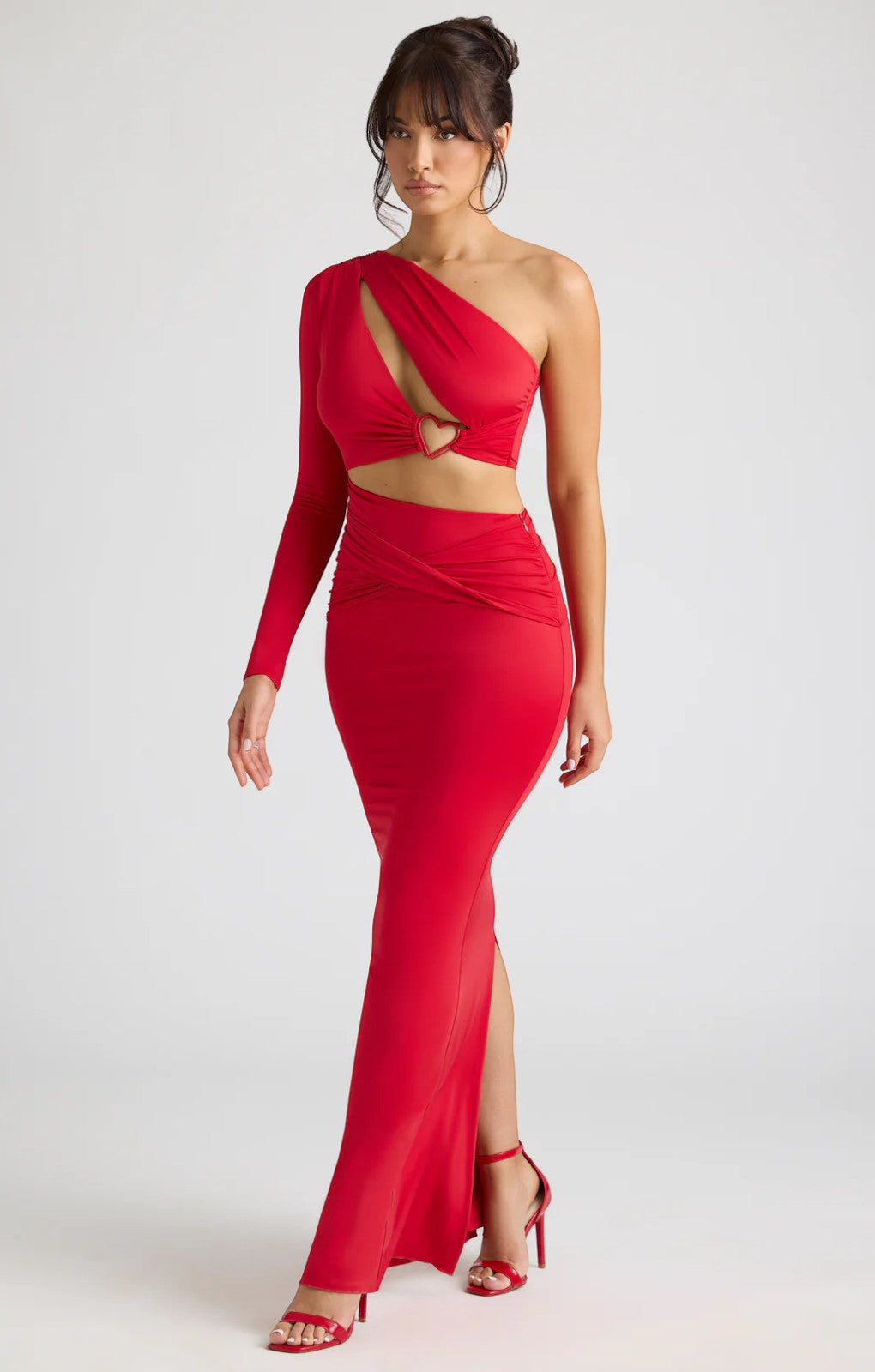 Oh Polly Estela Single Sleeve Cut Out Evening Gown in Fire Red