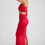 Oh Polly Estela Single Sleeve Cut Out Evening Gown in Fire Red