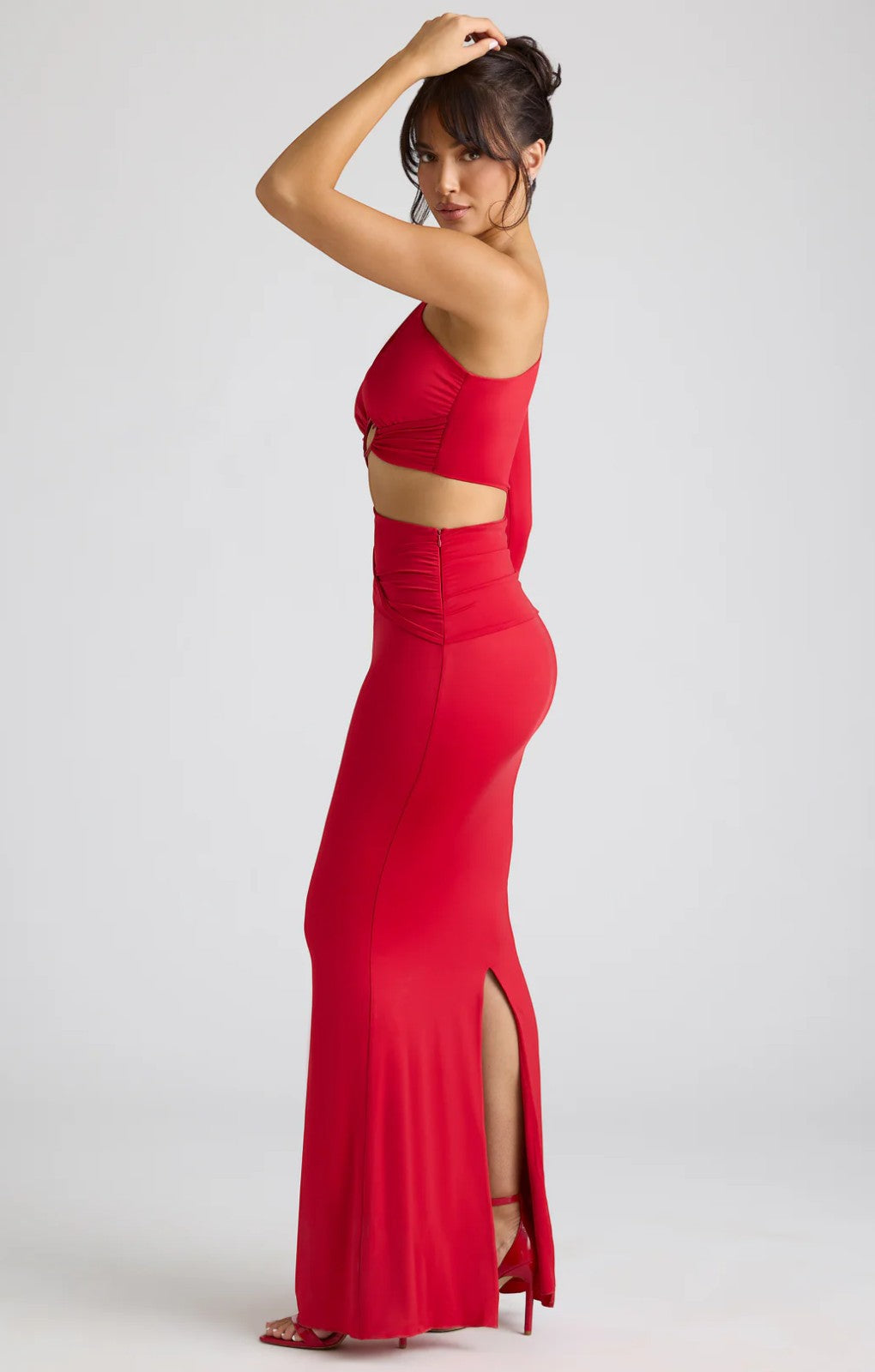 Oh Polly Estela Single Sleeve Cut Out Evening Gown in Fire Red