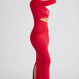 Oh Polly Estela Single Sleeve Cut Out Evening Gown in Fire Red