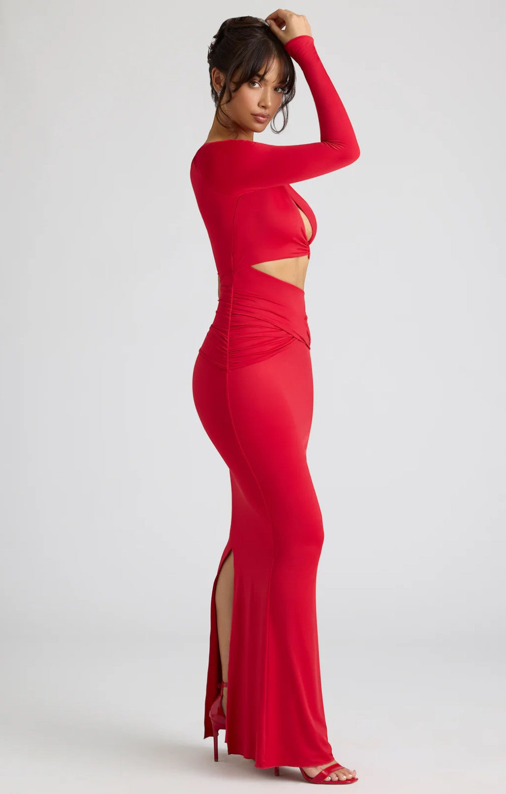 Oh Polly Estela Single Sleeve Cut Out Evening Gown in Fire Red
