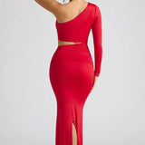 Oh Polly Estela Single Sleeve Cut Out Evening Gown in Fire Red