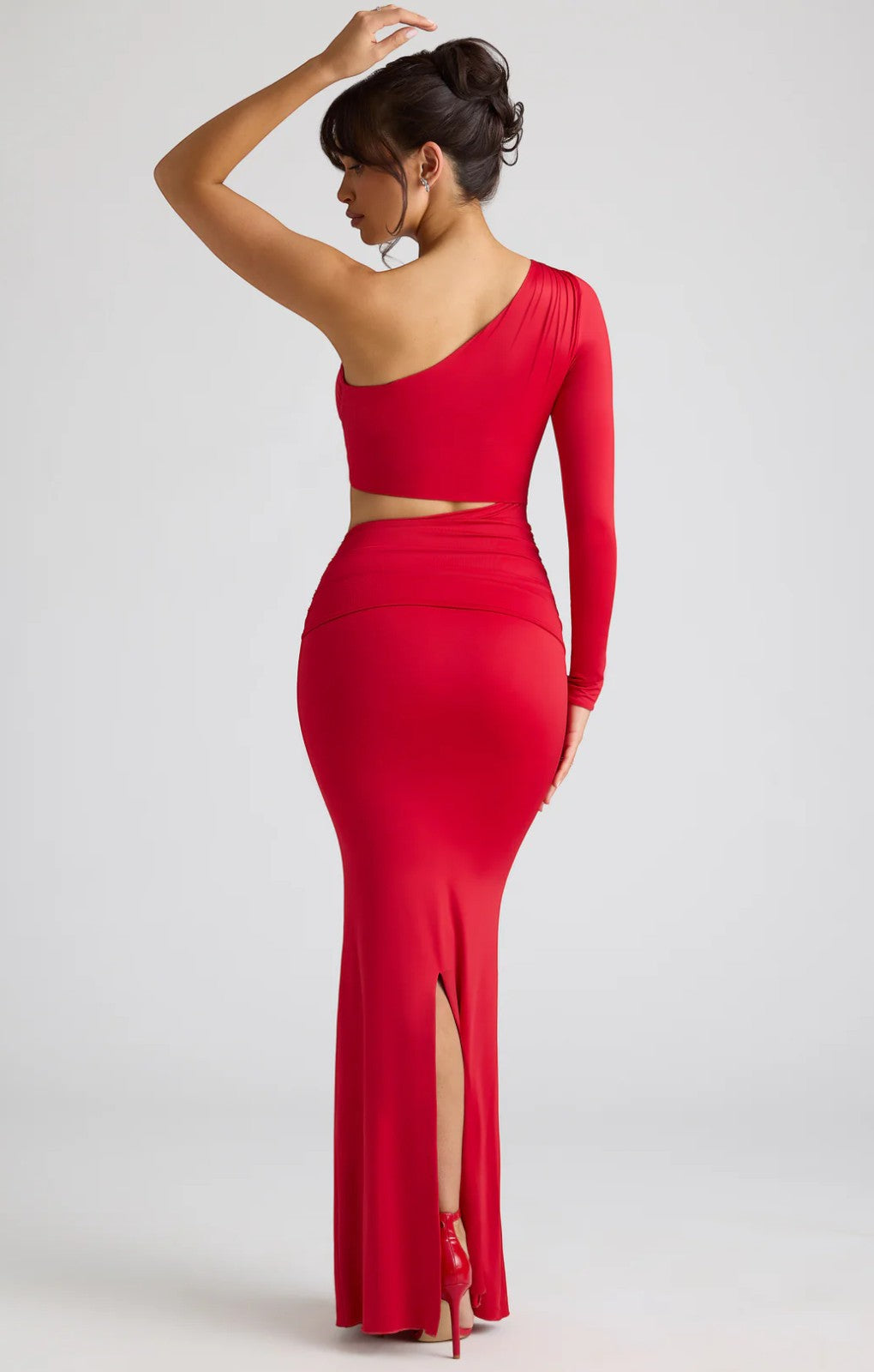 Oh Polly Estela Single Sleeve Cut Out Evening Gown in Fire Red