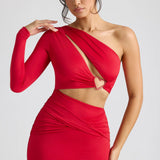 Oh Polly Estela Single Sleeve Cut Out Evening Gown in Fire Red