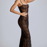 EXHIRE Oh Polly Marietta Sheer Lace Fishtail Gown in Black UK 8 – dresses by Oh Polly, available to rent from Hirestreet