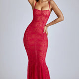 Oh Polly Marietta Sheer Lace Fishtail Gown in Cherry Red