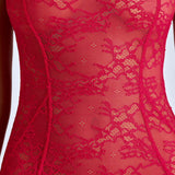 Oh Polly Marietta Sheer Lace Fishtail Gown in Cherry Red