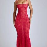 Oh Polly Marietta Sheer Lace Fishtail Gown in Cherry Red