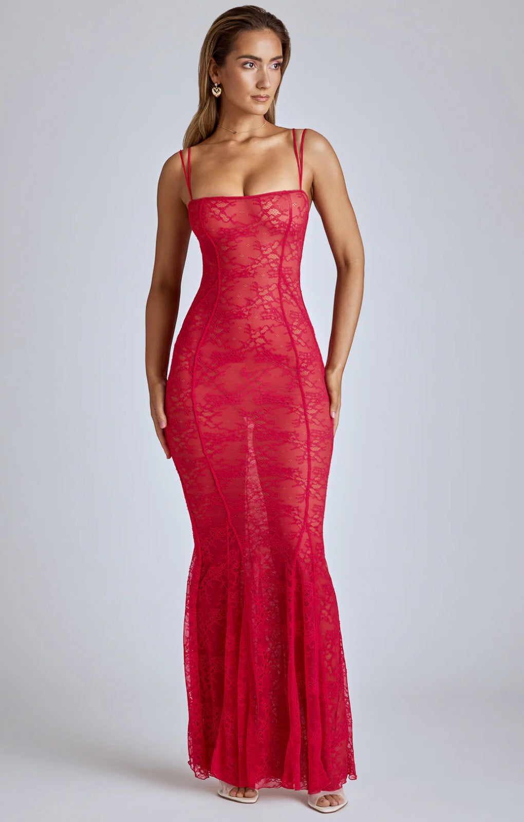 Oh Polly Marietta Sheer Lace Fishtail Gown in Cherry Red
